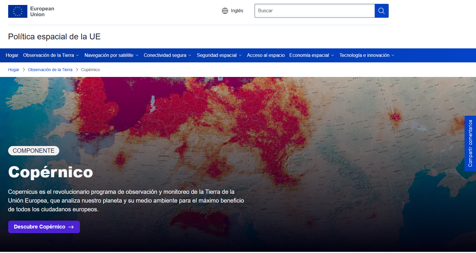 Portal Copernicus con mapa de observación terrestre europeo